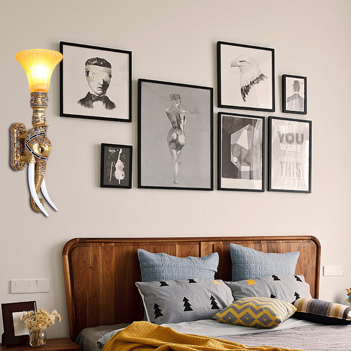 Skørter | Elephant Corridor Wall Lamp Fixture Retro Stylish Resin 1 Bulb Golden Wall Mount Lamp with Bell Amber Glass Shade
