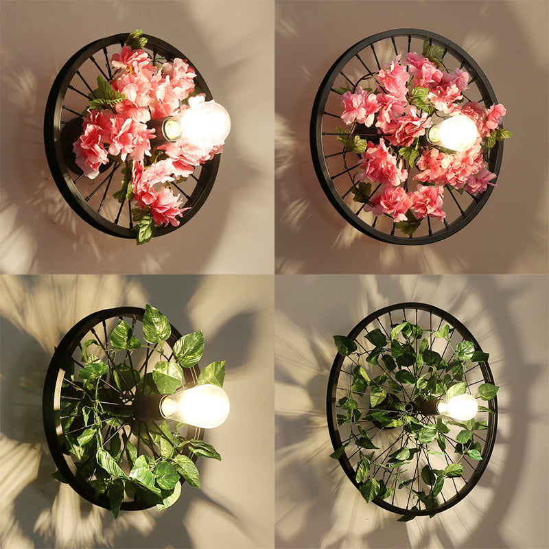 Skørter | Black 1 Light Wall Mount Light Loft Industry Metal Wheel Design Wall Lighting with Artificial Flower/Leaf Decoration, 12.5"/16.5" Diameter