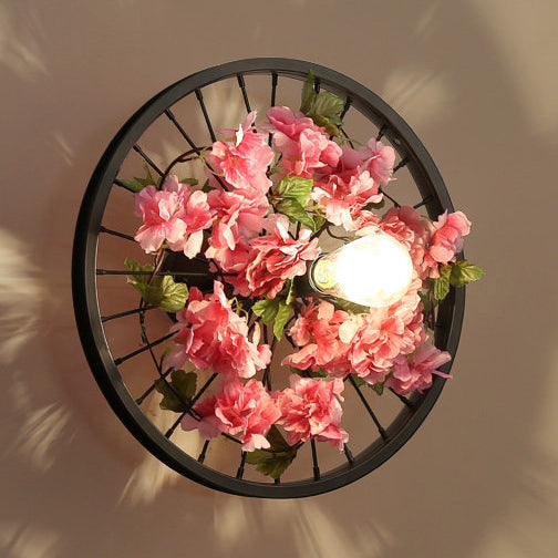 Skørter | Black 1 Light Wall Mount Light Loft Industry Metal Wheel Design Wall Lighting with Artificial Flower/Leaf Decoration, 12.5"/16.5" Diameter