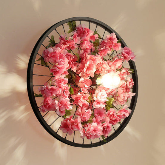 Skørter | Black 1 Light Wall Mount Light Loft Industry Metal Wheel Design Wall Lighting with Artificial Flower/Leaf Decoration, 12.5"/16.5" Diameter