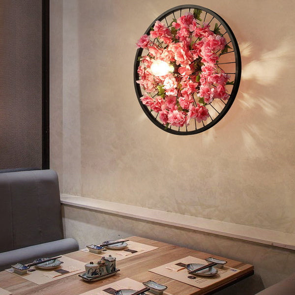 Skørter | Black 1 Light Wall Mount Light Loft Industry Metal Wheel Design Wall Lighting with Artificial Flower/Leaf Decoration, 12.5"/16.5" Diameter