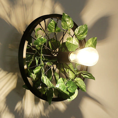 Skørter | Black 1 Light Wall Mount Light Loft Industry Metal Wheel Design Wall Lighting with Artificial Flower/Leaf Decoration, 12.5"/16.5" Diameter