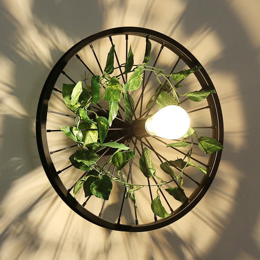 Skørter | Black 1 Light Wall Mount Light Loft Industry Metal Wheel Design Wall Lighting with Artificial Flower/Leaf Decoration, 12.5"/16.5" Diameter