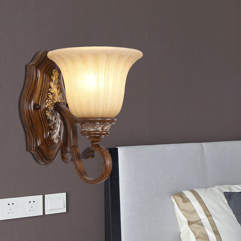Skørter | Bell metal wall lighting traditional 1 light dining room wall lamp in brown with opal ribbed glass shade