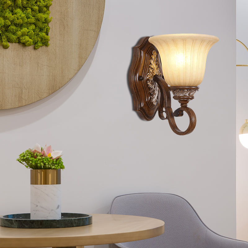 Skørter | Bell metal wall lighting traditional 1 light dining room wall lamp in brown with opal ribbed glass shade