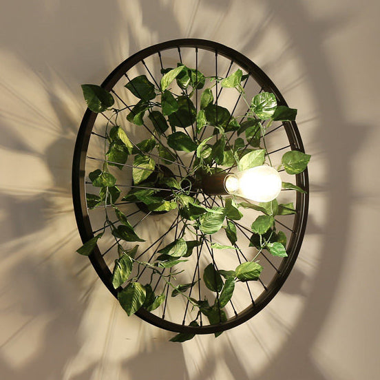 Skørter | Black 1 Light Wall Mount Light Loft Industry Metal Wheel Design Wall Lighting with Artificial Flower/Leaf Decoration, 12.5"/16.5" Diameter