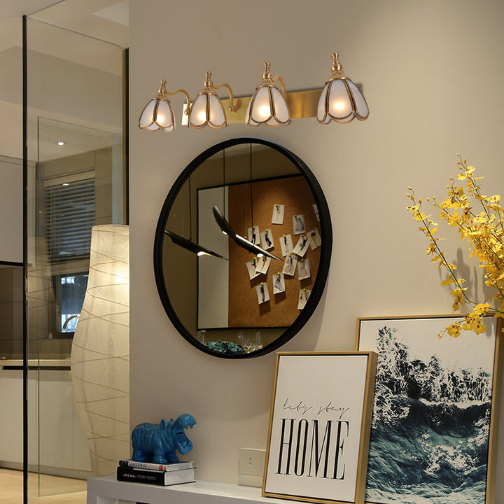Skørter | Brass Flower Shape Wall Lighting Rustic Frosted White Opal Glass 1/2/3 Lights Bathroom Makeup Mirror Wall Light
