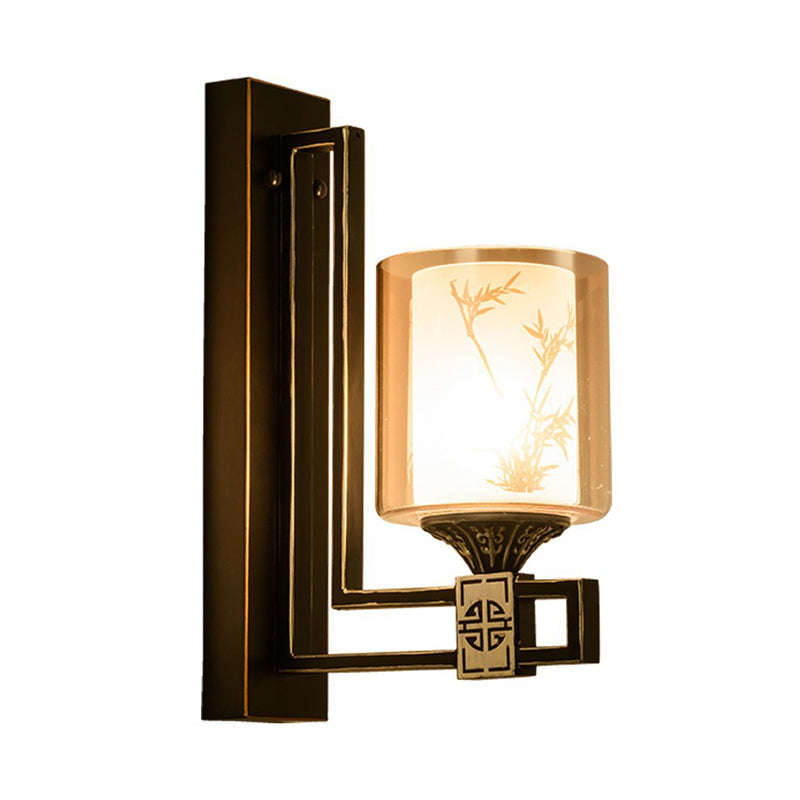 Skørter | Black cylinder front wall lamp in traditional style with amber glass 1 light living room wall lamp with metal back plate