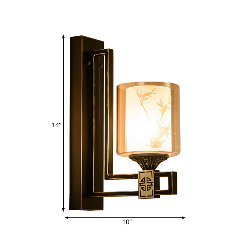 Skørter | Black cylinder front wall lamp in traditional style with amber glass 1 light living room wall lamp with metal back plate