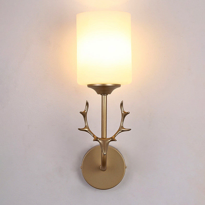 Skørter | Black/Brass 1-Bulb Wall Lighting Rustic White Glass Cylindrical Wall-Mounted Lamp for Living Room
