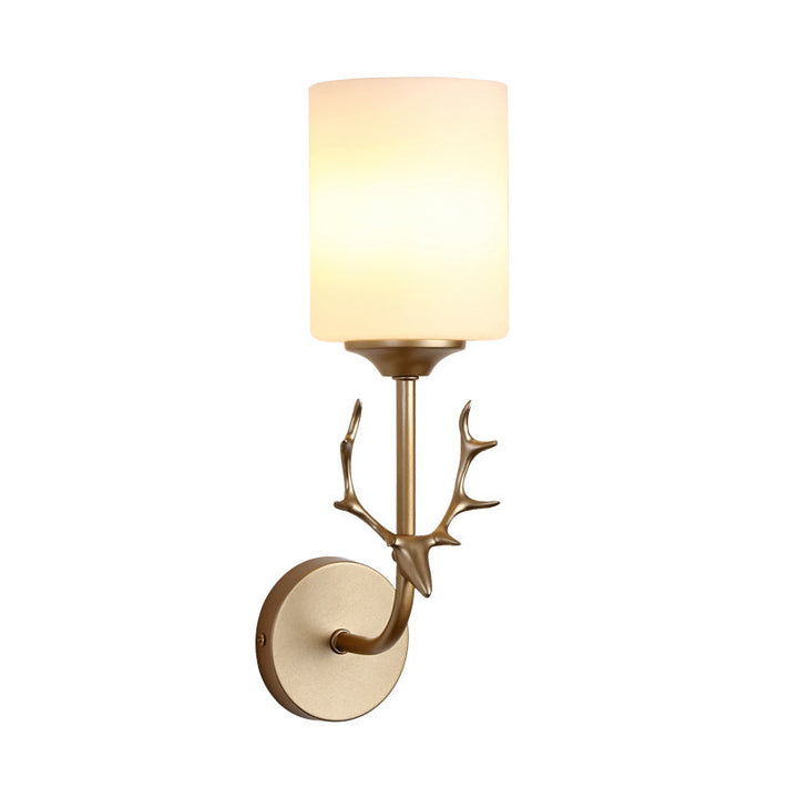 Skørter | Black/Brass 1-Bulb Wall Lighting Rustic White Glass Cylindrical Wall-Mounted Lamp for Living Room