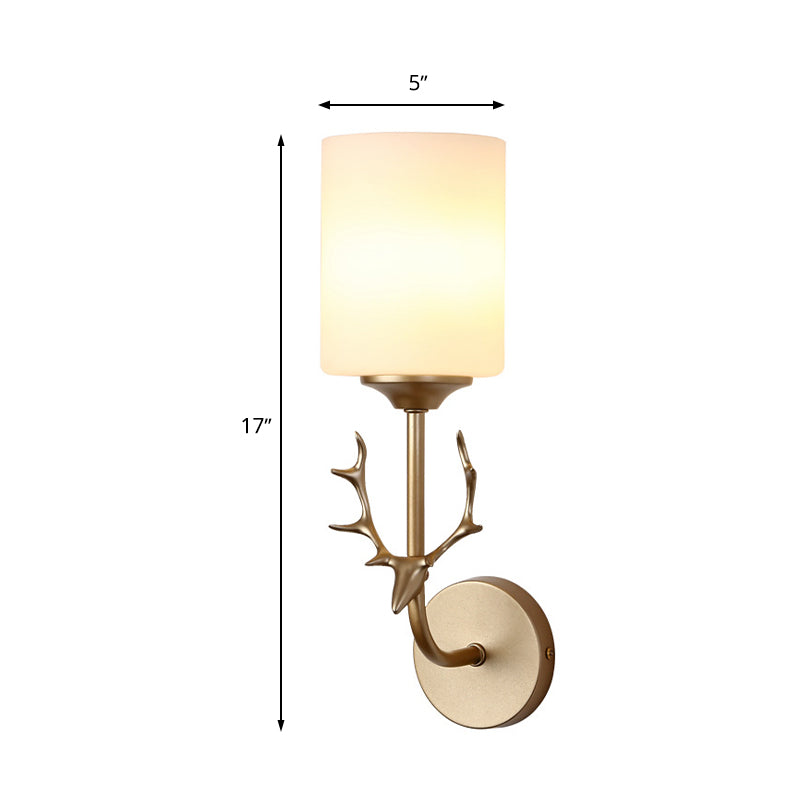 Skørter | Black/Brass 1-Bulb Wall Lighting Rustic White Glass Cylindrical Wall-Mounted Lamp for Living Room