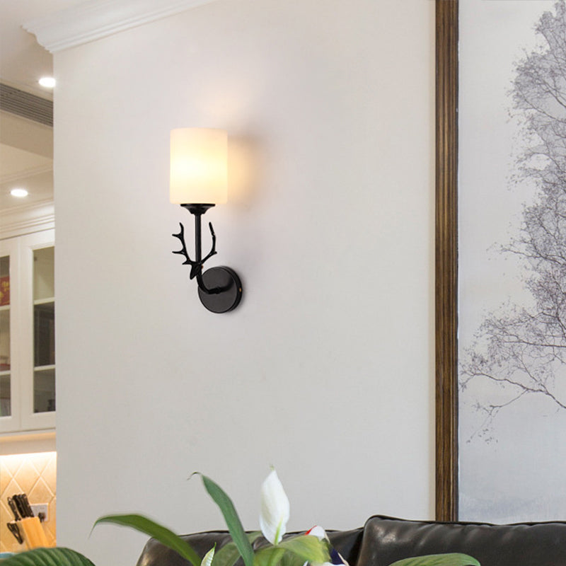 Skørter | Black/Brass 1-Bulb Wall Lighting Rustic White Glass Cylindrical Wall-Mounted Lamp for Living Room