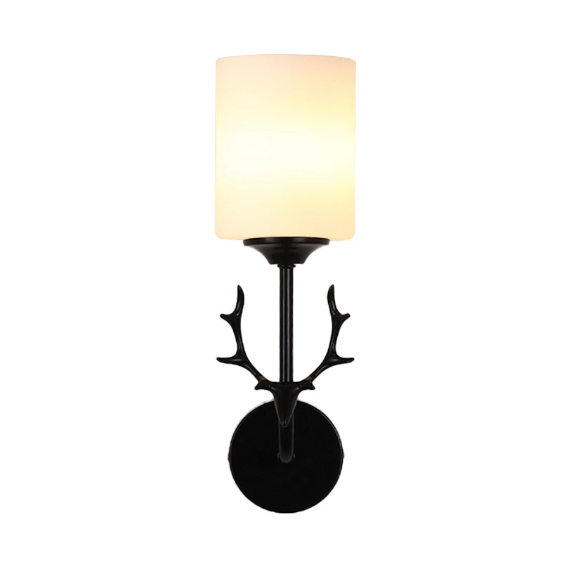 Skørter | Black/Brass 1-Bulb Wall Lighting Rustic White Glass Cylindrical Wall-Mounted Lamp for Living Room