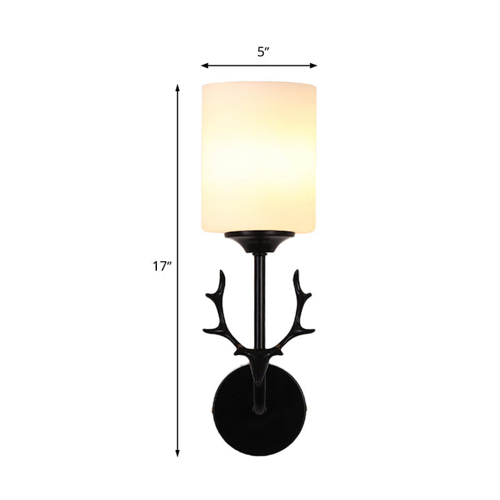 Skørter | Black/Brass 1-Bulb Wall Lighting Rustic White Glass Cylindrical Wall-Mounted Lamp for Living Room
