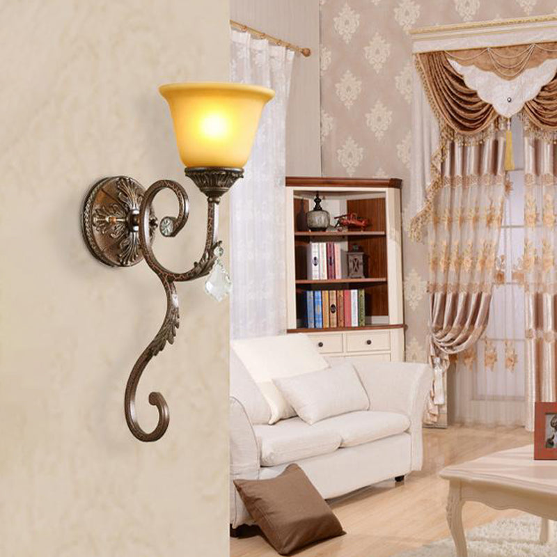 Skørter | Flared Amber Glass Sconce Traditional 1 Light Corner Wall Mounted Light Source in Bronze with Curved Arm