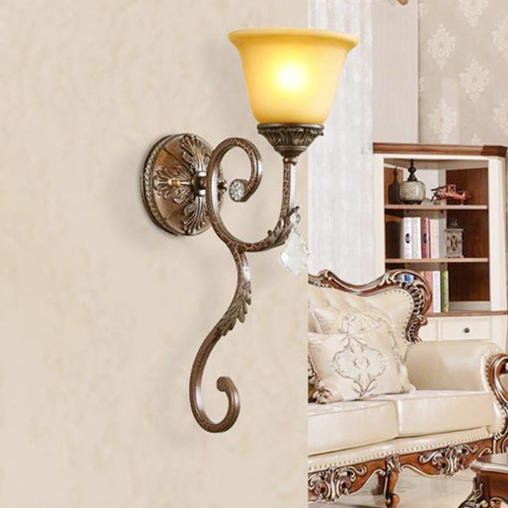 Skørter | Flared Amber Glass Sconce Traditional 1 Light Corner Wall Mounted Light Source in Bronze with Curved Arm
