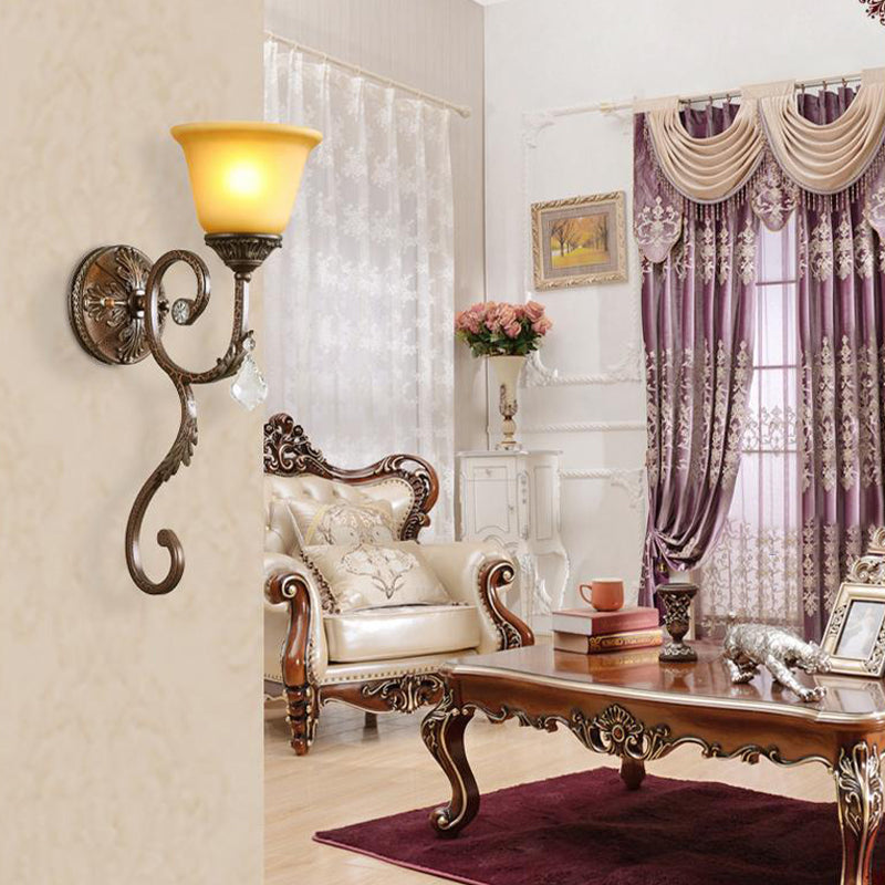 Skørter | Flared Amber Glass Sconce Traditional 1 Light Corner Wall Mounted Light Source in Bronze with Curved Arm