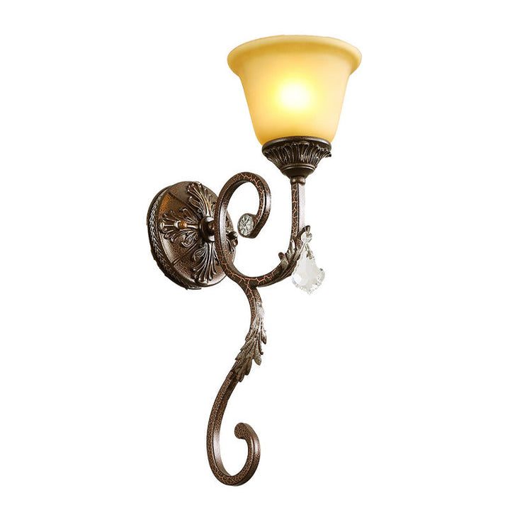 Skørter | Flared Amber Glass Sconce Traditional 1 Light Corner Wall Mounted Light Source in Bronze with Curved Arm