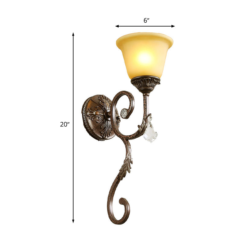 Skørter | Flared Amber Glass Sconce Traditional 1 Light Corner Wall Mounted Light Source in Bronze with Curved Arm