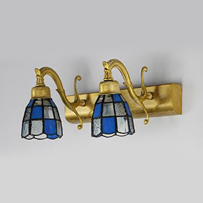 Lisslune | Dome RVS Glass Vanity Lamp Tiffany Style 2 Lights Brass/Copper/Antique Brass Wall Lamp with Square/Asian Blue Pattern