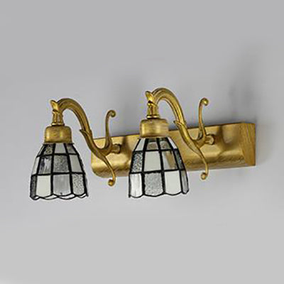 Lisslune | Dome RVS Glass Vanity Lamp Tiffany Style 2 Lights Brass/Copper/Antique Brass Wall Lamp with Square/Asian Blue Pattern