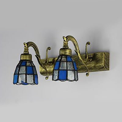 Lisslune | Dome RVS Glass Vanity Lamp Tiffany Style 2 Lights Brass/Copper/Antique Brass Wall Lamp with Square/Asian Blue Pattern