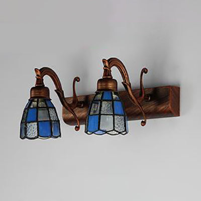 Lisslune | Dome RVS Glass Vanity Lamp Tiffany Style 2 Lights Brass/Copper/Antique Brass Wall Lamp with Square/Asian Blue Pattern