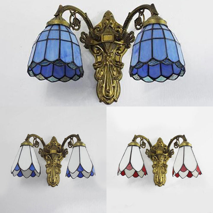 Lisslune | Stained Glass Wall Light with Curved Arm Tiffany Style Double Wall Lamp in Red/White/Blue for Bedroom Lighting