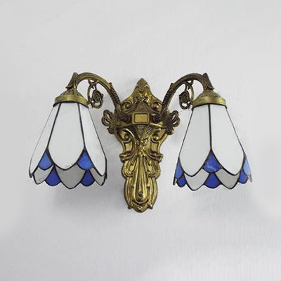 Lisslune | Stained Glass Wall Light with Curved Arm Tiffany Style Double Wall Lamp in Red/White/Blue for Bedroom Lighting