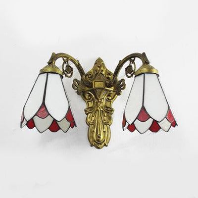 Lisslune | Stained Glass Wall Light with Curved Arm Tiffany Style Double Wall Lamp in Red/White/Blue for Bedroom Lighting