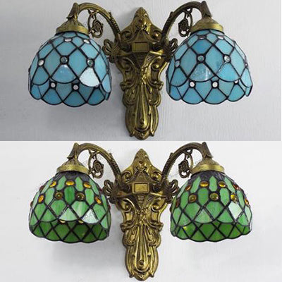 Lisslune | Bead Wall Lighting with Bowl Shade Filled Glass 2 Heads Rustic Loft Wall Lamp in Green/Blue for Library