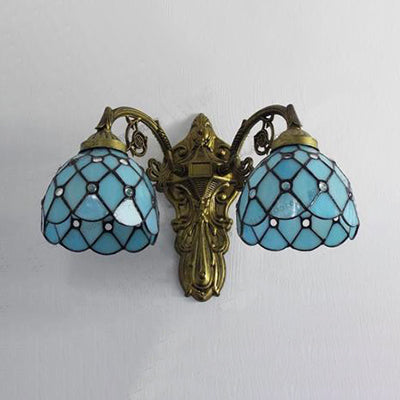 Lisslune | Bead Wall Lighting with Bowl Shade Filled Glass 2 Heads Rustic Loft Wall Lamp in Green/Blue for Library
