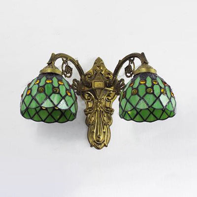Lisslune | Bead Wall Lighting with Bowl Shade Filled Glass 2 Heads Rustic Loft Wall Lamp in Green/Blue for Library
