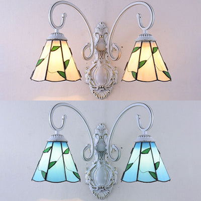 Lisslune | Scalloped Wall Lamp Light with Leaf Pattern 2 Lights Colored Glass Loft Wall Lighting in Blue/Beige