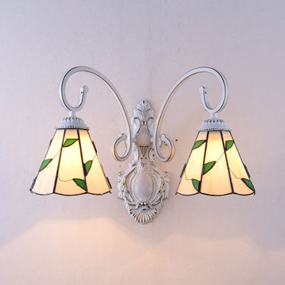 Lisslune | Scalloped Wall Lamp Light with Leaf Pattern 2 Lights Colored Glass Loft Wall Lighting in Blue/Beige