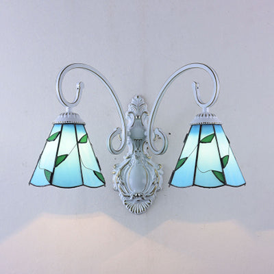 Lisslune | Scalloped Wall Lamp Light with Leaf Pattern 2 Lights Colored Glass Loft Wall Lighting in Blue/Beige