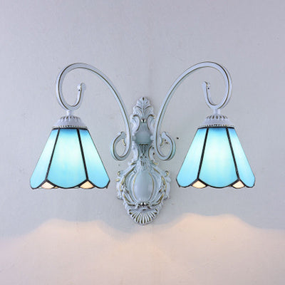 Lisslune | Vintage Retro Cone Wall Lighting Varnished Glass 2 Connectors Wall Lamp Fixture in White/Blue for Bedroom