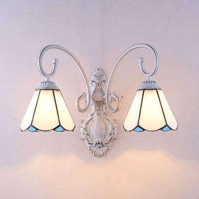 Lisslune | Vintage Retro Cone Wall Lighting Varnished Glass 2 Connectors Wall Lamp Fixture in White/Blue for Bedroom