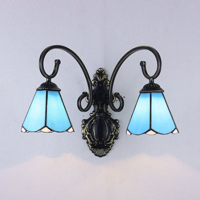 Lisslune | Tiffany Style Cone Wall Mount Light Polished Glass 2 Lights Wall Lighting in White/Blue for Hallway