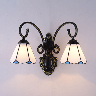 Lisslune | Tiffany Style Cone Wall Mount Light Polished Glass 2 Lights Wall Lighting in White/Blue for Hallway