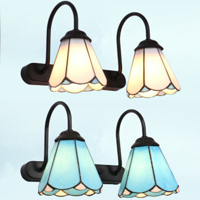 Lisslune | Black 2 Heads Wall Light Vanity Tiffany White/Blue Glass Cone Wall Lamp for Bedroom