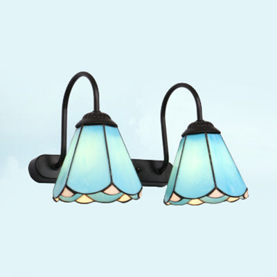 Lisslune | Black 2 Heads Wall Light Vanity Tiffany White/Blue Glass Cone Wall Lamp for Bedroom