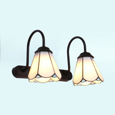 Lisslune | Black 2 Heads Wall Light Vanity Tiffany White/Blue Glass Cone Wall Lamp for Bedroom