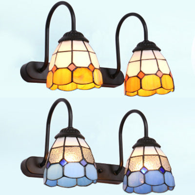 Lisslune | 2 Heads Grid Pattern Vanity Lighting Baroque Blue/Yellow Glass Wall Mount Lights