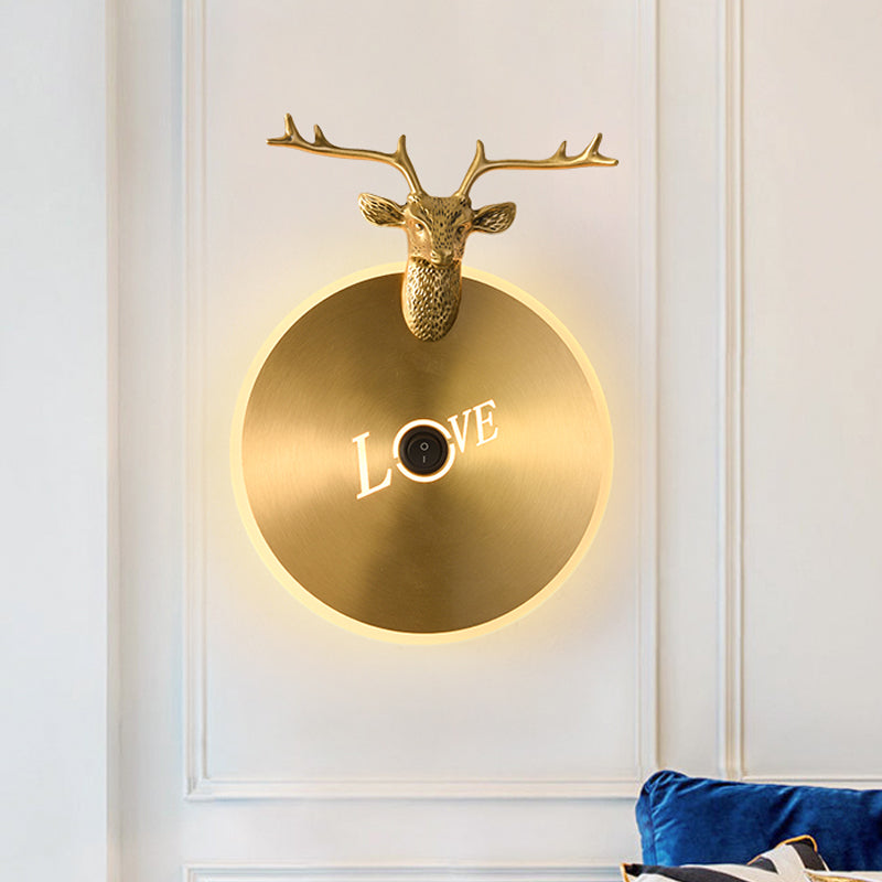Skørter | Round Panel Metal Wall Light Traditional Living Room LED Wall Lamp Lights in Brass/Black with Moose Decoration