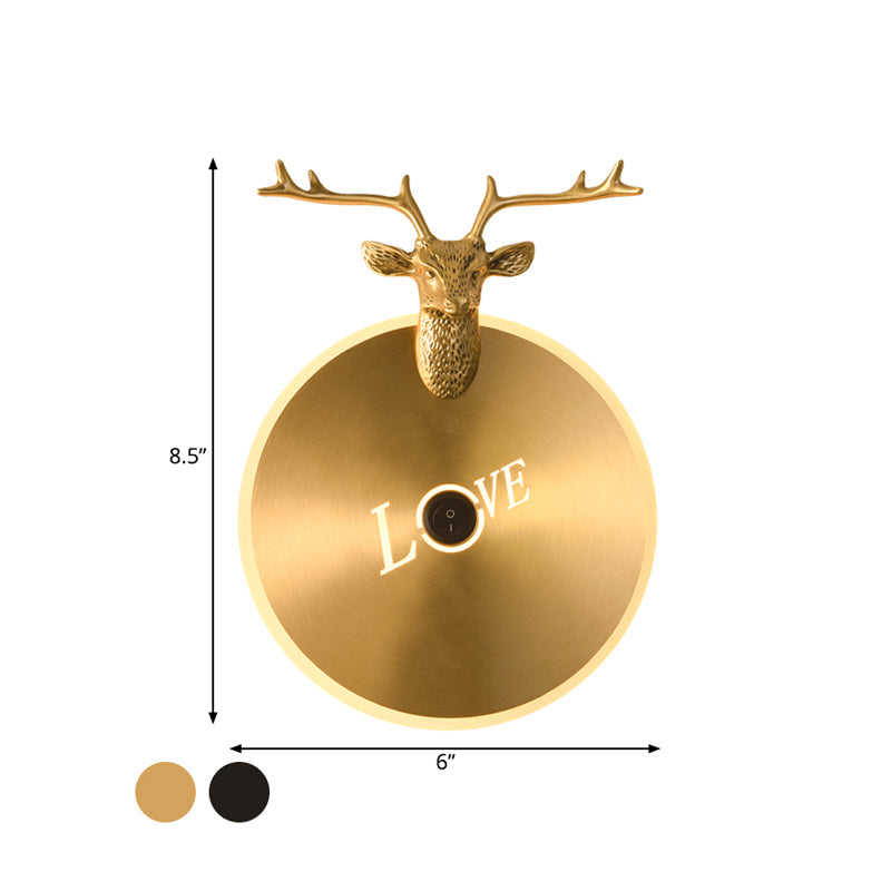 Skørter | Round Panel Metal Wall Light Traditional Living Room LED Wall Lamp Lights in Brass/Black with Moose Decoration