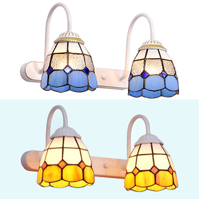 Lisslune | Checked Pattern Vanity Sconce Light Tiffany Yellow/Blue Glass White Wall Mount Light Fixture