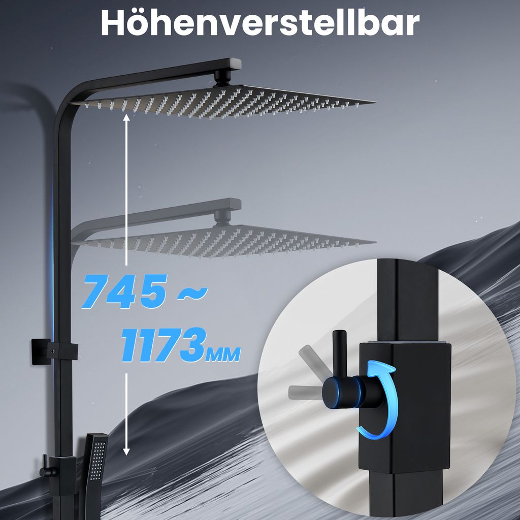 Lisslune | Rain shower without fitting Black shower system without thermostat Shower set Square Stainless steel head shower 30x30CM