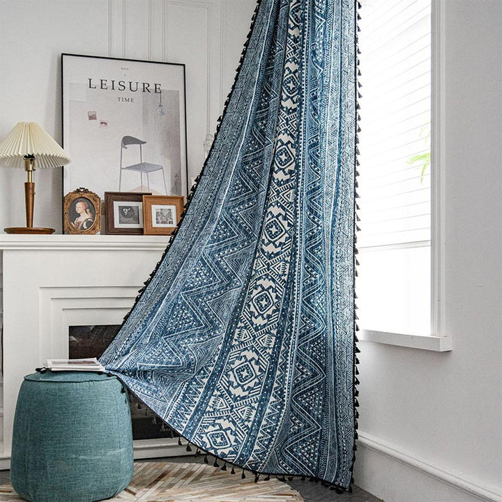 Lisslune | Blue geometric pattern light-filtering curtain